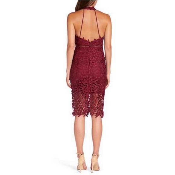 Bardot Gemma Halter Lace Sheath Dress In Burgundy Wine Red - Picture 3 of 12